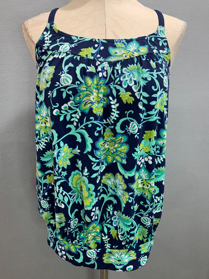 Size 10 Lands End Beach Living Tankini Top Swimsuit Blouson Blue Aqua Floral