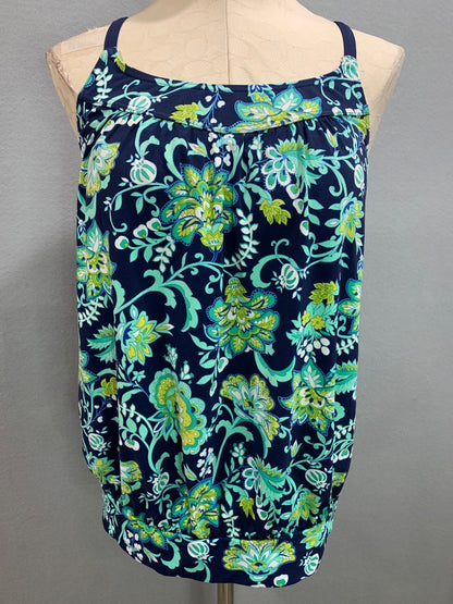 Size 10 Lands End Beach Living Tankini Top Swimsuit Blouson Blue Aqua Floral