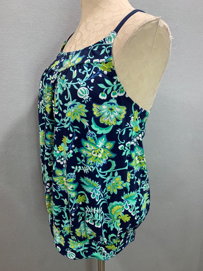 Size 10 Lands End Beach Living Tankini Top Swimsuit Blouson Blue Aqua Floral