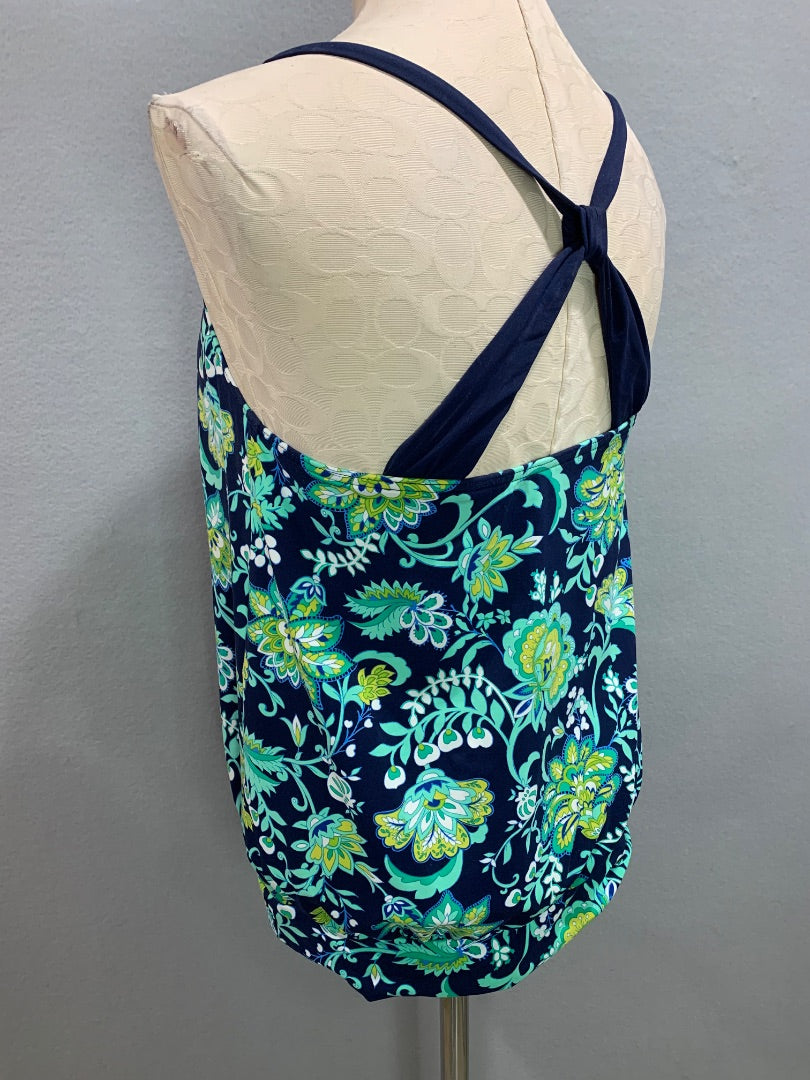 Size 10 Lands End Beach Living Tankini Top Swimsuit Blouson Blue Aqua Floral