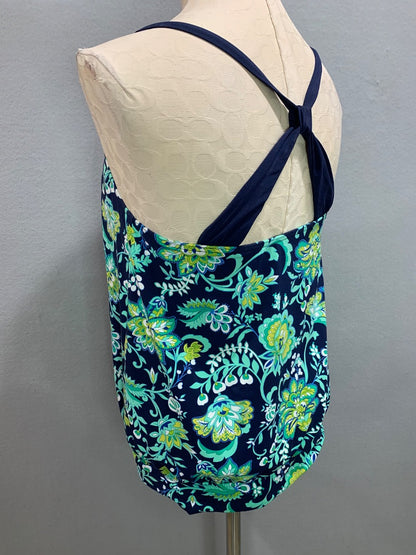 Size 10 Lands End Beach Living Tankini Top Swimsuit Blouson Blue Aqua Floral