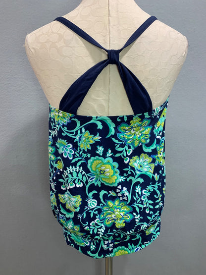 Size 10 Lands End Beach Living Tankini Top Swimsuit Blouson Blue Aqua Floral