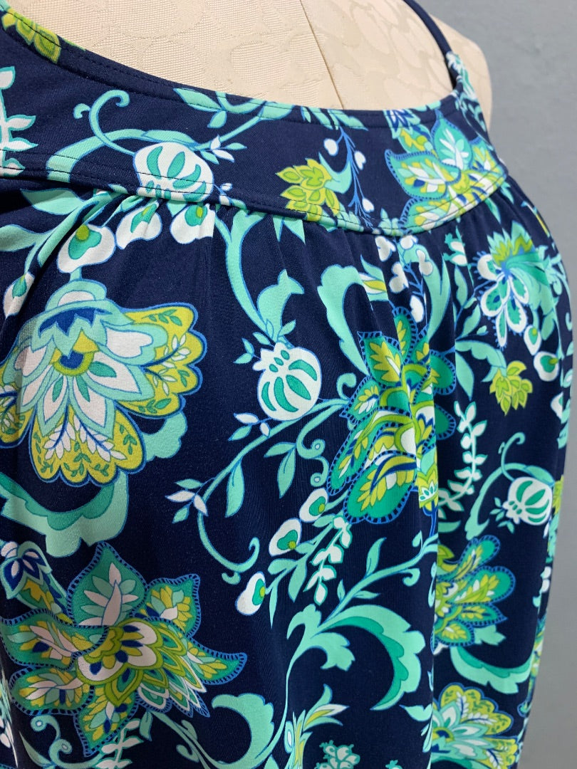 Size 10 Lands End Beach Living Tankini Top Swimsuit Blouson Blue Aqua Floral