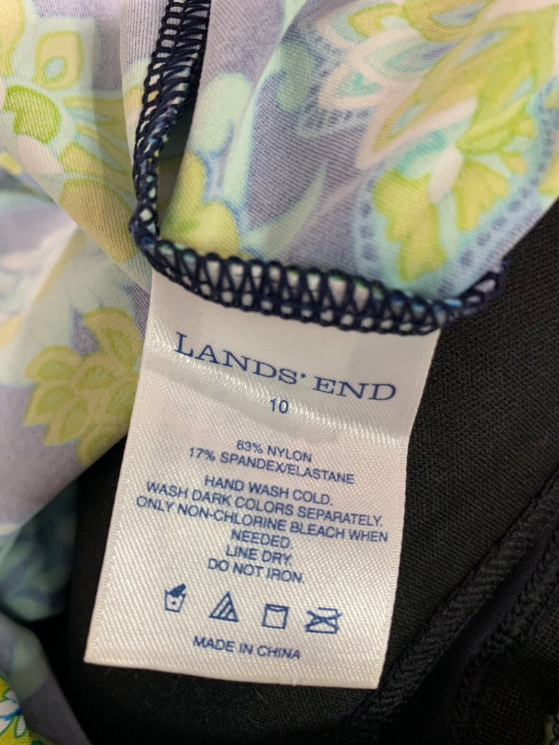 Size 10 Lands End Beach Living Tankini Top Swimsuit Blouson Blue Aqua Floral