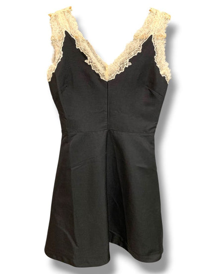 Small Adelyn Rae Black A-Line Dress Ecru Lace Trim Party
