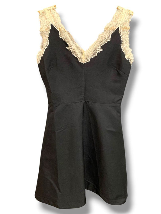 Small Adelyn Rae Black A-Line Dress Ecru Lace Trim Party