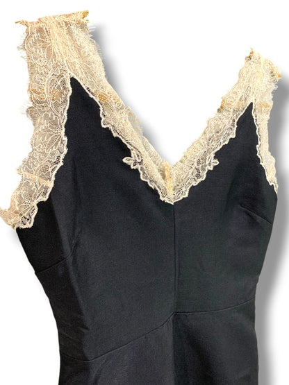 Small Adelyn Rae Black A-Line Dress Ecru Lace Trim Party