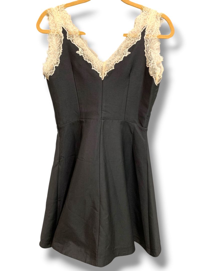 Small Adelyn Rae Black A-Line Dress Ecru Lace Trim Party