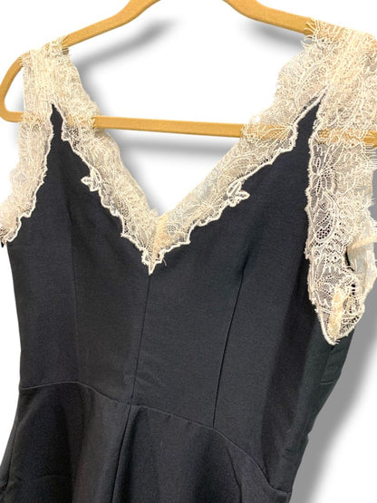 Small Adelyn Rae Black A-Line Dress Ecru Lace Trim Party