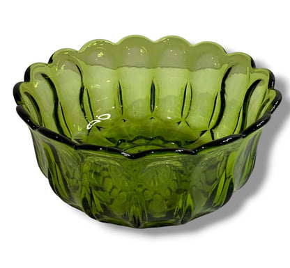 1970s Anchor Hocking Fairfield Avocado Green Glass Scalloped Serving Bowl