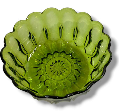 1970s Anchor Hocking Fairfield Avocado Green Glass Scalloped Serving Bowl