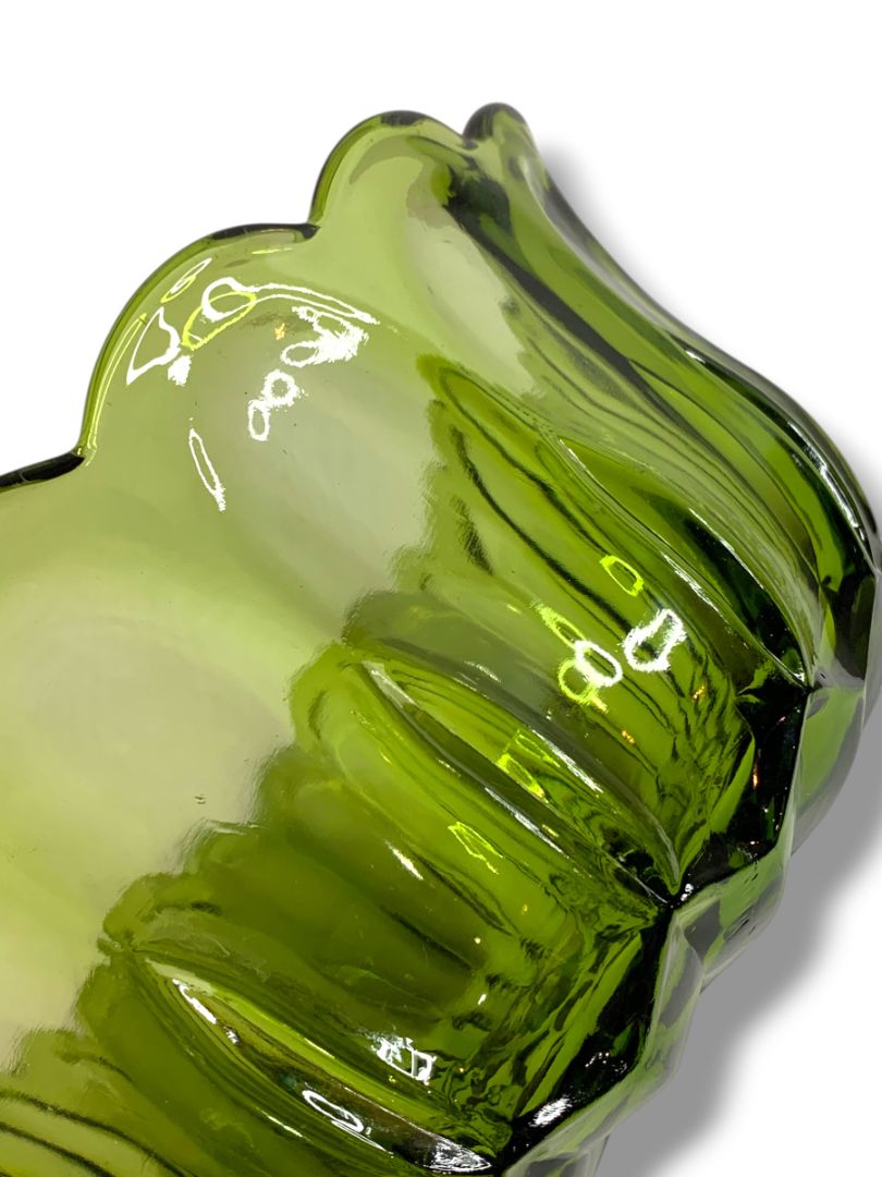 1970s Anchor Hocking Fairfield Avocado Green Glass Scalloped Serving Bowl