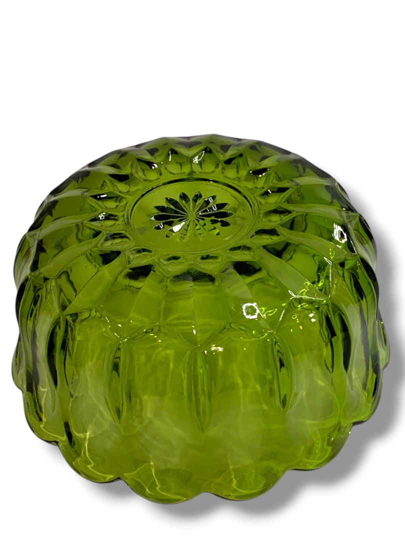 1970s Anchor Hocking Fairfield Avocado Green Glass Scalloped Serving Bowl