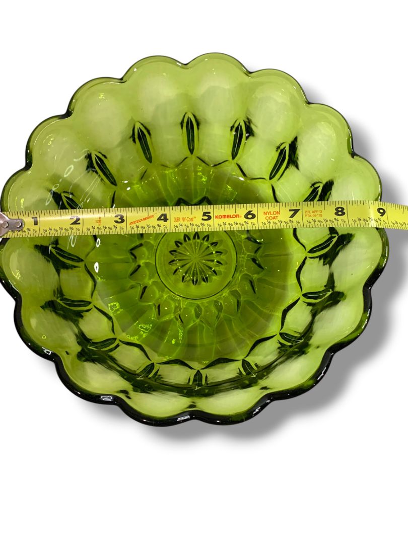 1970s Anchor Hocking Fairfield Avocado Green Glass Scalloped Serving Bowl
