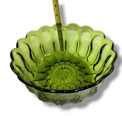 1970s Anchor Hocking Fairfield Avocado Green Glass Scalloped Serving Bowl