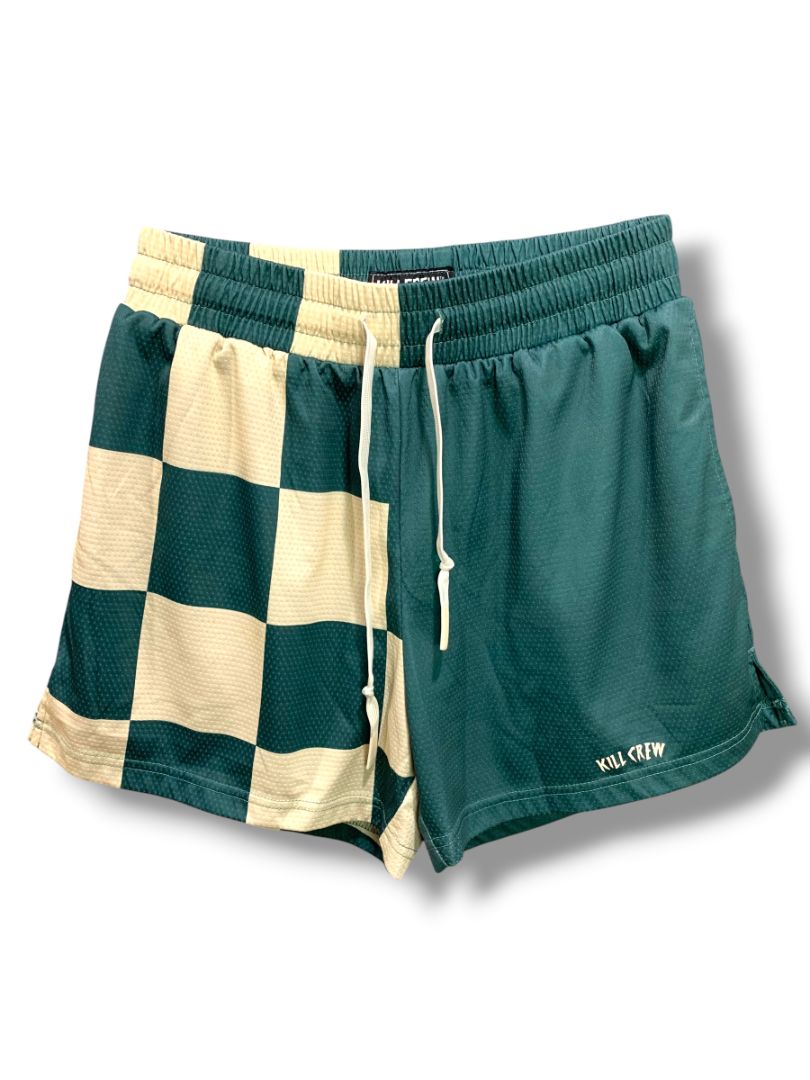 Medium Kill Crew Muay Thai Shorts Green Checker  Cream Unisex Adult