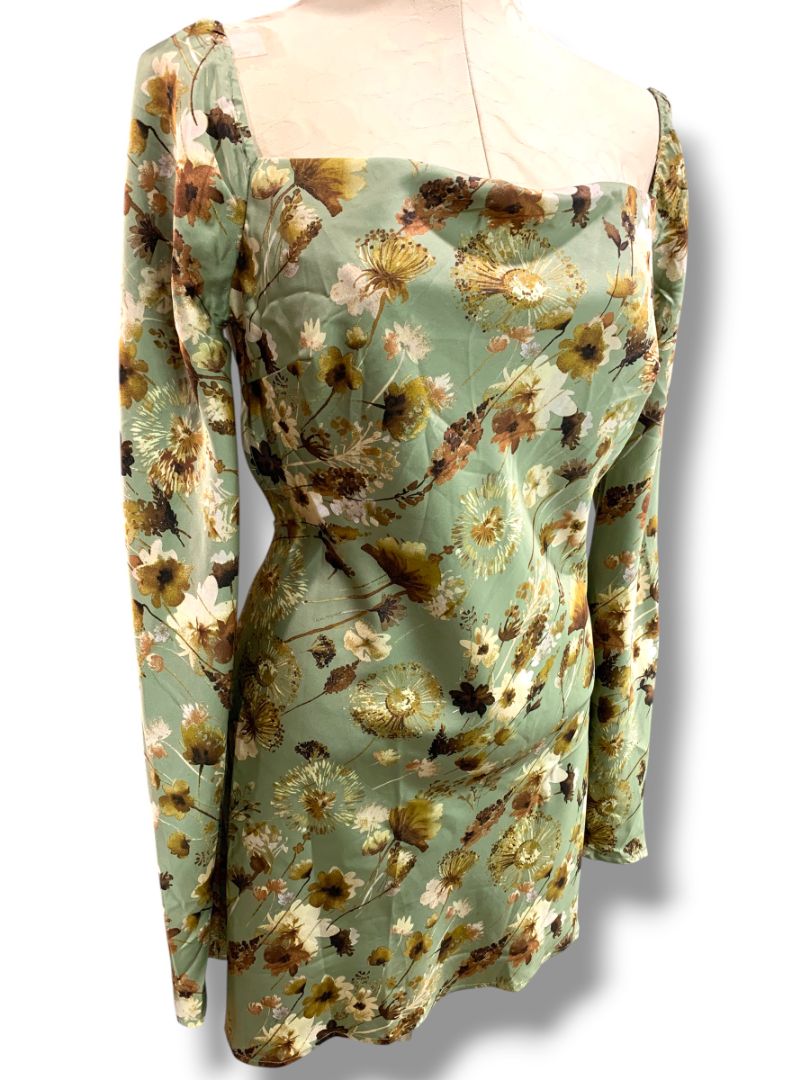Small Emory Park New Sage Floral Open Back Mini Dress Silky