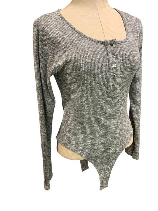 Medium Kori Womens Body Suit Gray Heathered Rib Knit Scoop Neck
