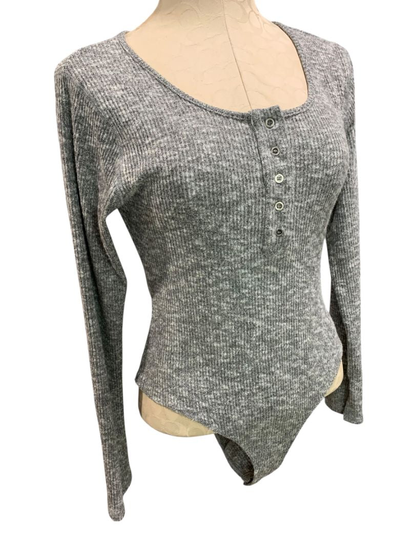 Medium Kori Womens Body Suit Gray Heathered Rib Knit Scoop Neck