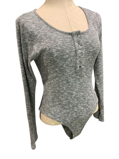 Medium Kori Womens Body Suit Gray Heathered Rib Knit Scoop Neck