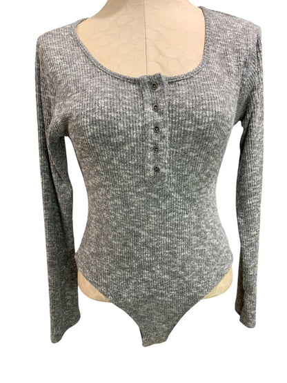 Medium Kori Womens Body Suit Gray Heathered Rib Knit Scoop Neck