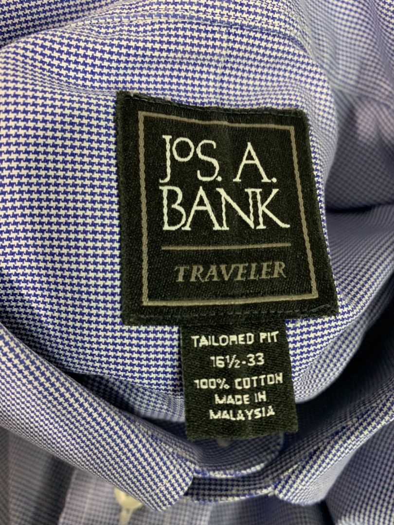 Large (16.5-33) Jos A Bank Mens Tailored Fit Button Down Shirt Blue White Microcheck