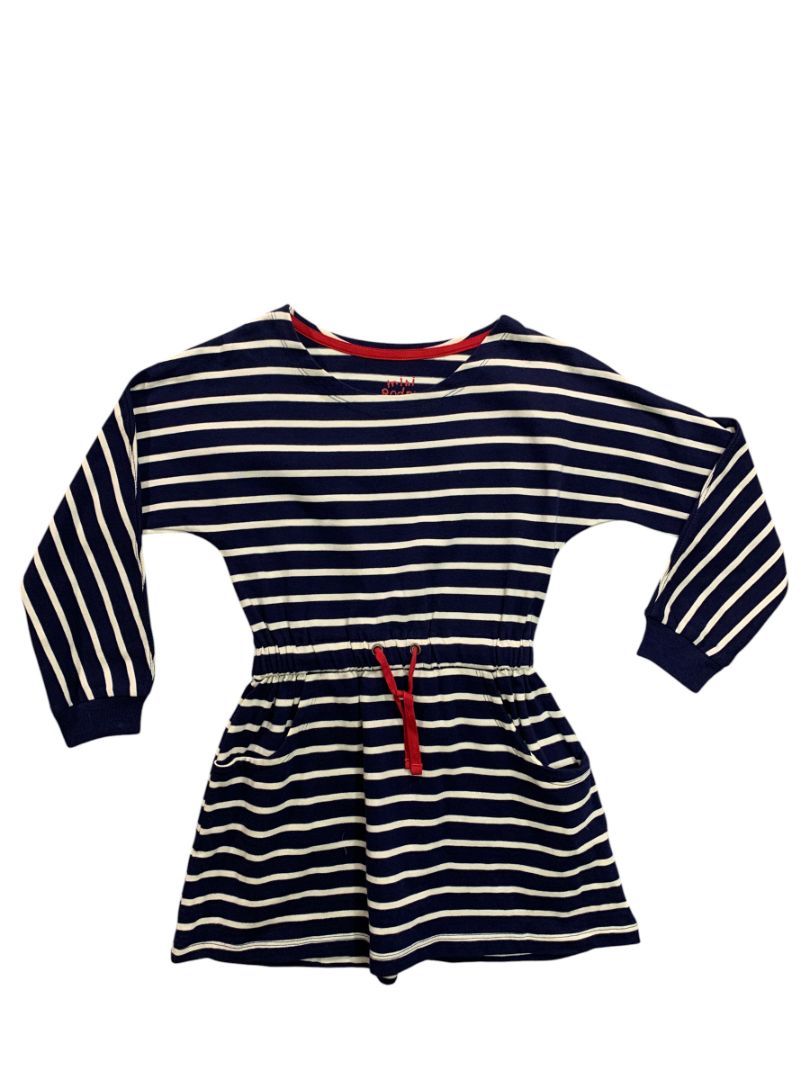 7-8 Years Mini Boden Girls Striped Navy Blue Knit Dress Red Drawstring Waist