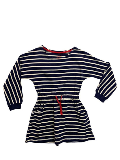 7-8 Years Mini Boden Girls Striped Navy Blue Knit Dress Red Drawstring Waist
