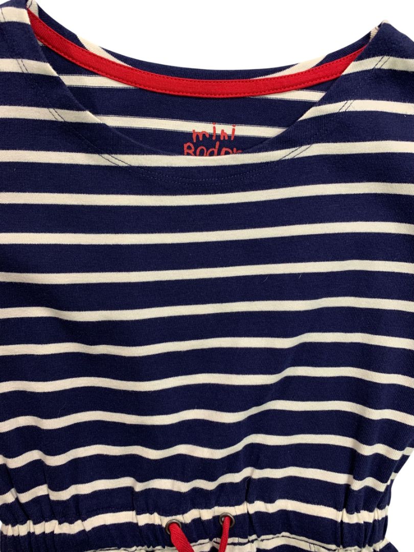 7-8 Years Mini Boden Girls Striped Navy Blue Knit Dress Red Drawstring Waist