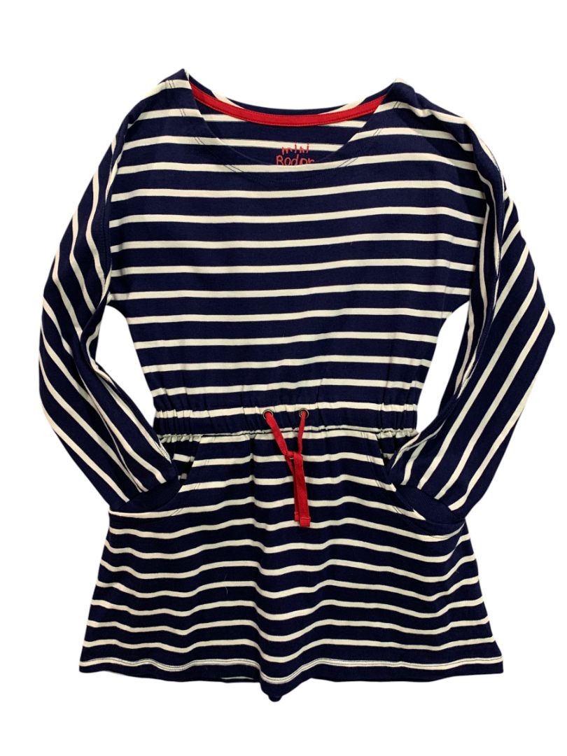 7-8 Years Mini Boden Girls Striped Navy Blue Knit Dress Red Drawstring Waist