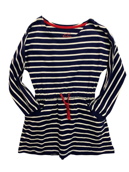 7-8 Years Mini Boden Girls Striped Navy Blue Knit Dress Red Drawstring Waist
