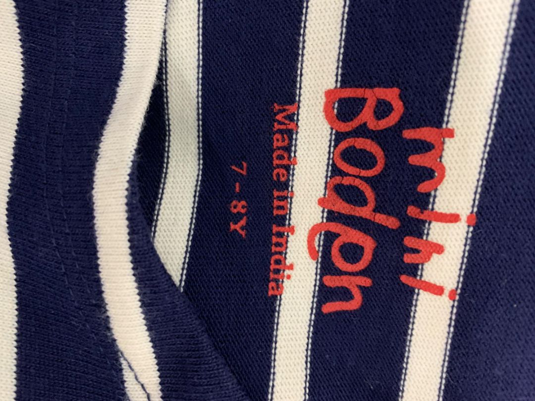 7-8 Years Mini Boden Girls Striped Navy Blue Knit Dress Red Drawstring Waist