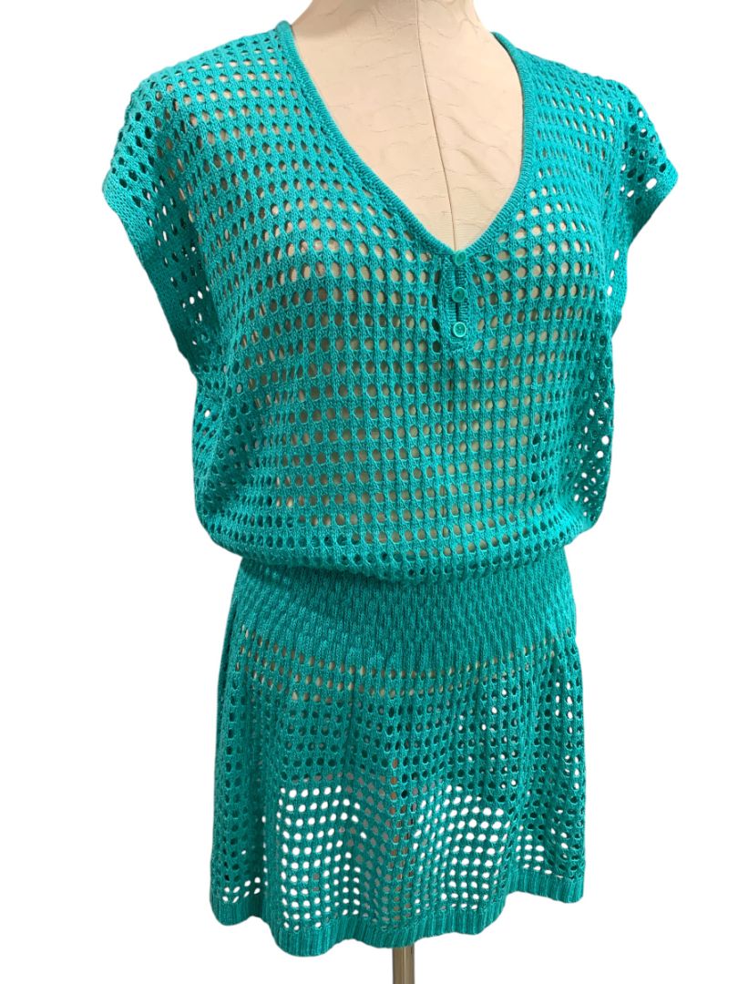 One Size Womens Loose Knit Teal Swim Coverup Blouson V-Neck