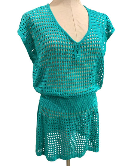 One Size Womens Loose Knit Teal Swim Coverup Blouson V-Neck