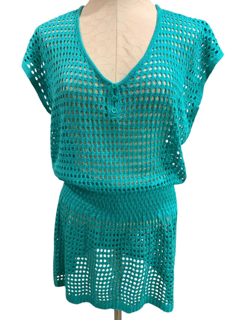 One Size Womens Loose Knit Teal Swim Coverup Blouson V-Neck