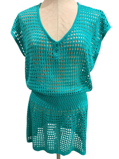 One Size Womens Loose Knit Teal Swim Coverup Blouson V-Neck