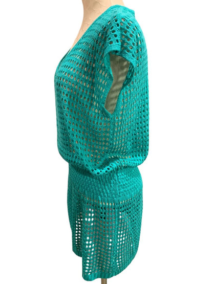 One Size Womens Loose Knit Teal Swim Coverup Blouson V-Neck