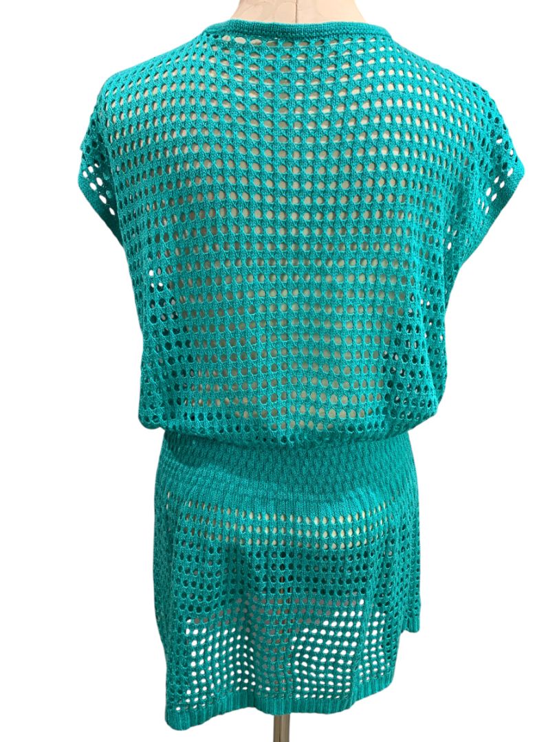 One Size Womens Loose Knit Teal Swim Coverup Blouson V-Neck