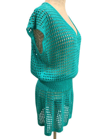 One Size Womens Loose Knit Teal Swim Coverup Blouson V-Neck