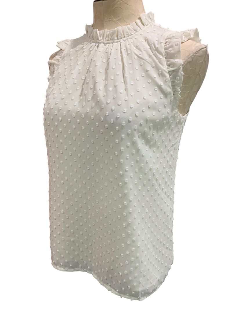 Size XS J.Crew Womens Ivory Swiss Dot Sleeveless Shirt Tank Ruffle Neck