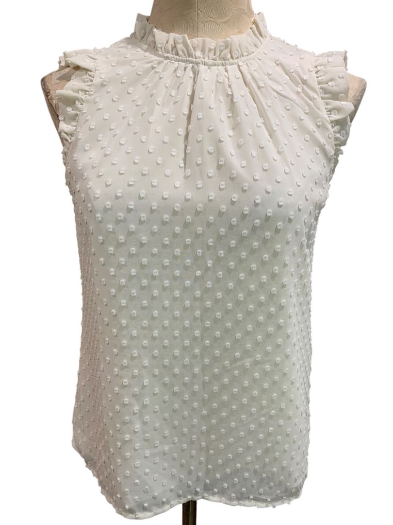 Size XS J.Crew Womens Ivory Swiss Dot Sleeveless Shirt Tank Ruffle Neck