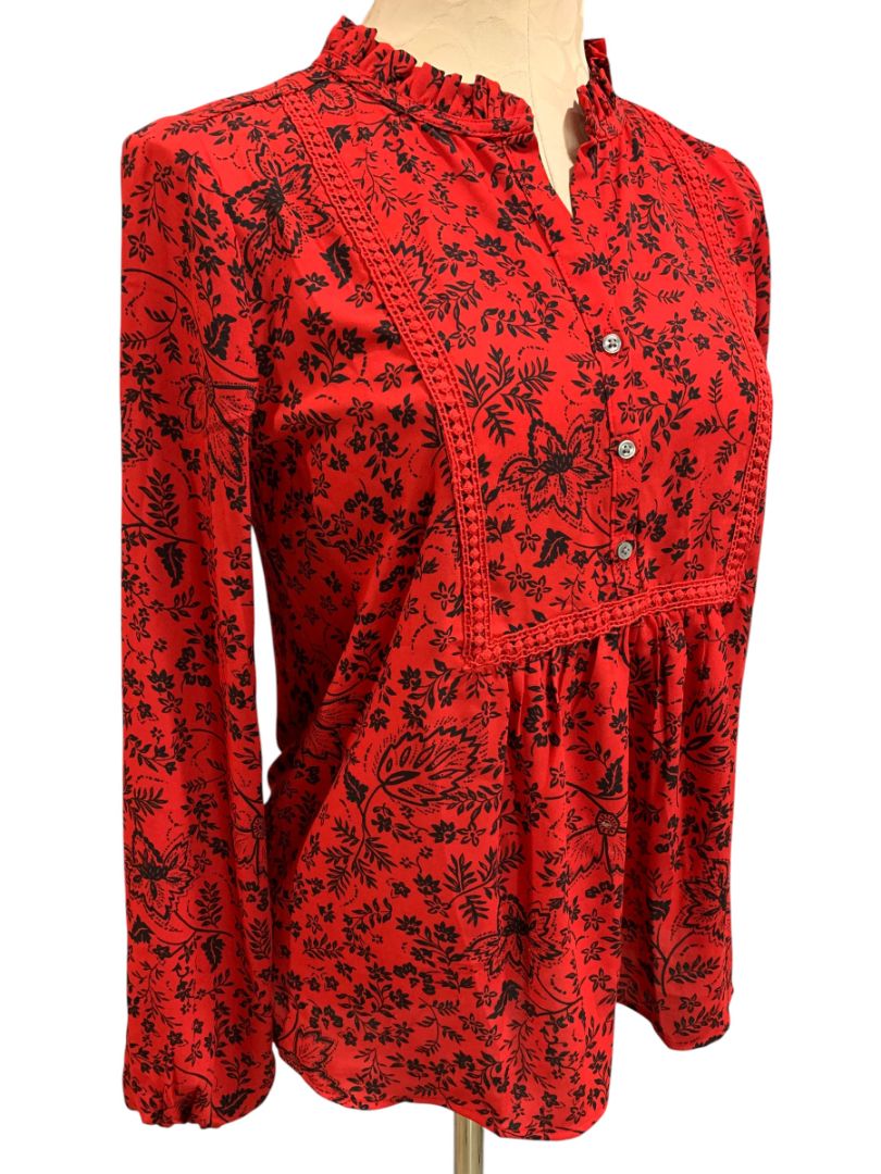 Size XS Loft Womens Pullover Boho Blouse Shirt Floral Red