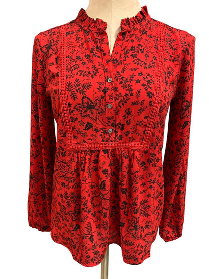 Size XS Loft Womens Pullover Boho Blouse Shirt Floral Red