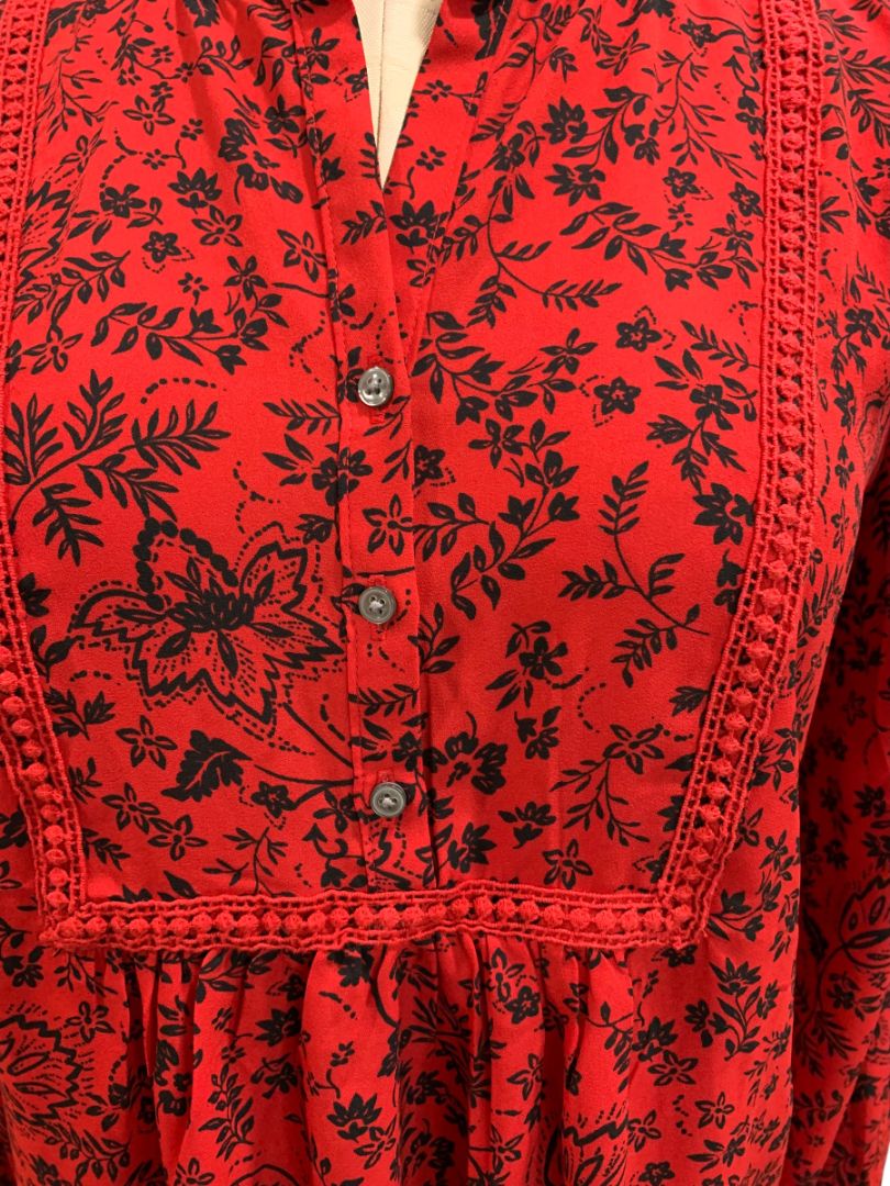 Size XS Loft Womens Pullover Boho Blouse Shirt Floral Red