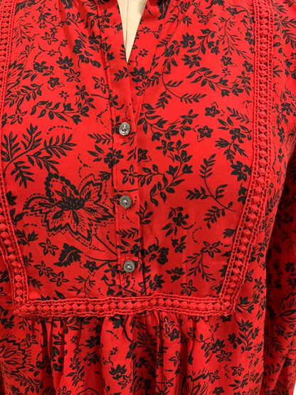 Size XS Loft Womens Pullover Boho Blouse Shirt Floral Red