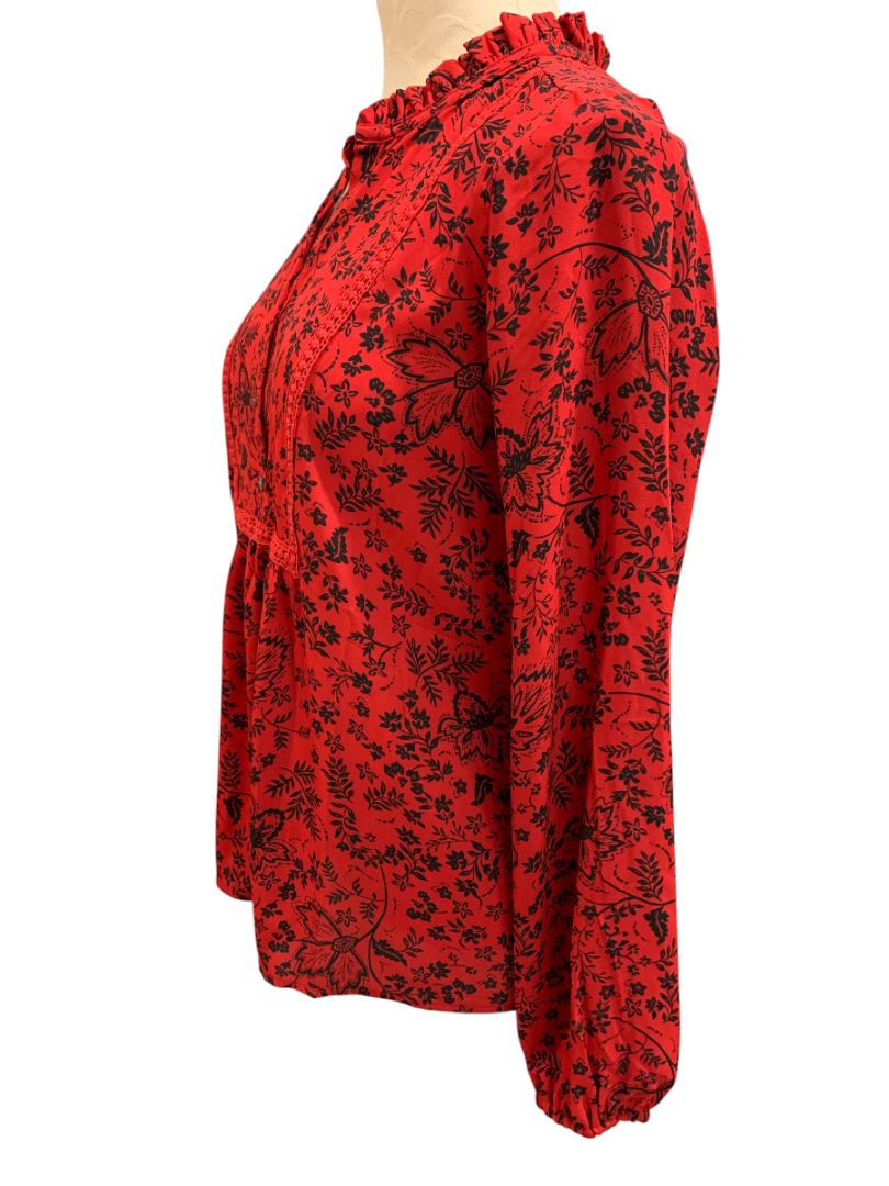 Size XS Loft Womens Pullover Boho Blouse Shirt Floral Red