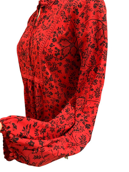Size XS Loft Womens Pullover Boho Blouse Shirt Floral Red