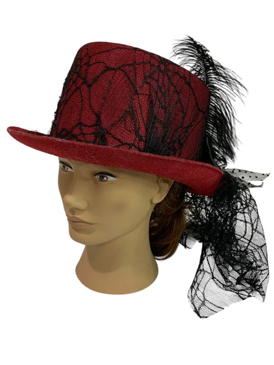 Victorian Style Top Hat Womens Red Spiderweb Veil Feather