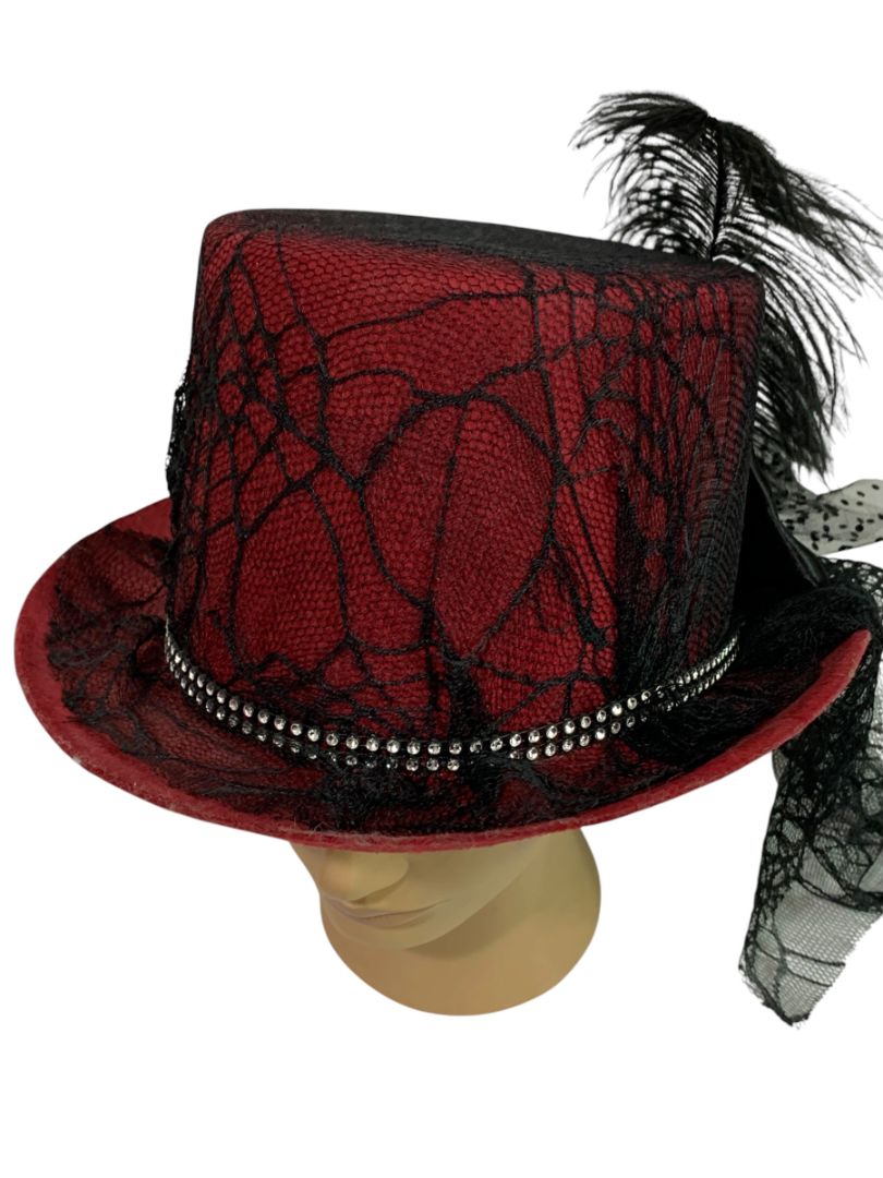 Victorian Style Top Hat Womens Red Spiderweb Veil Feather