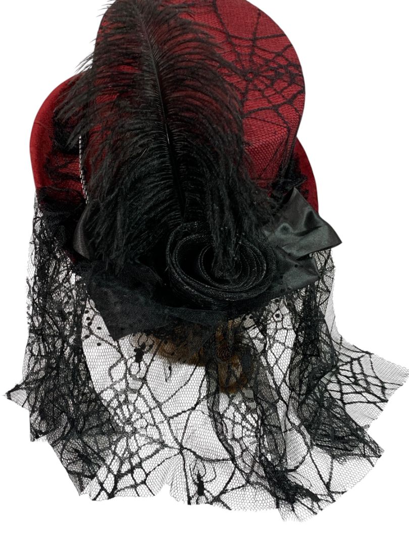 Victorian Style Top Hat Womens Red Spiderweb Veil Feather
